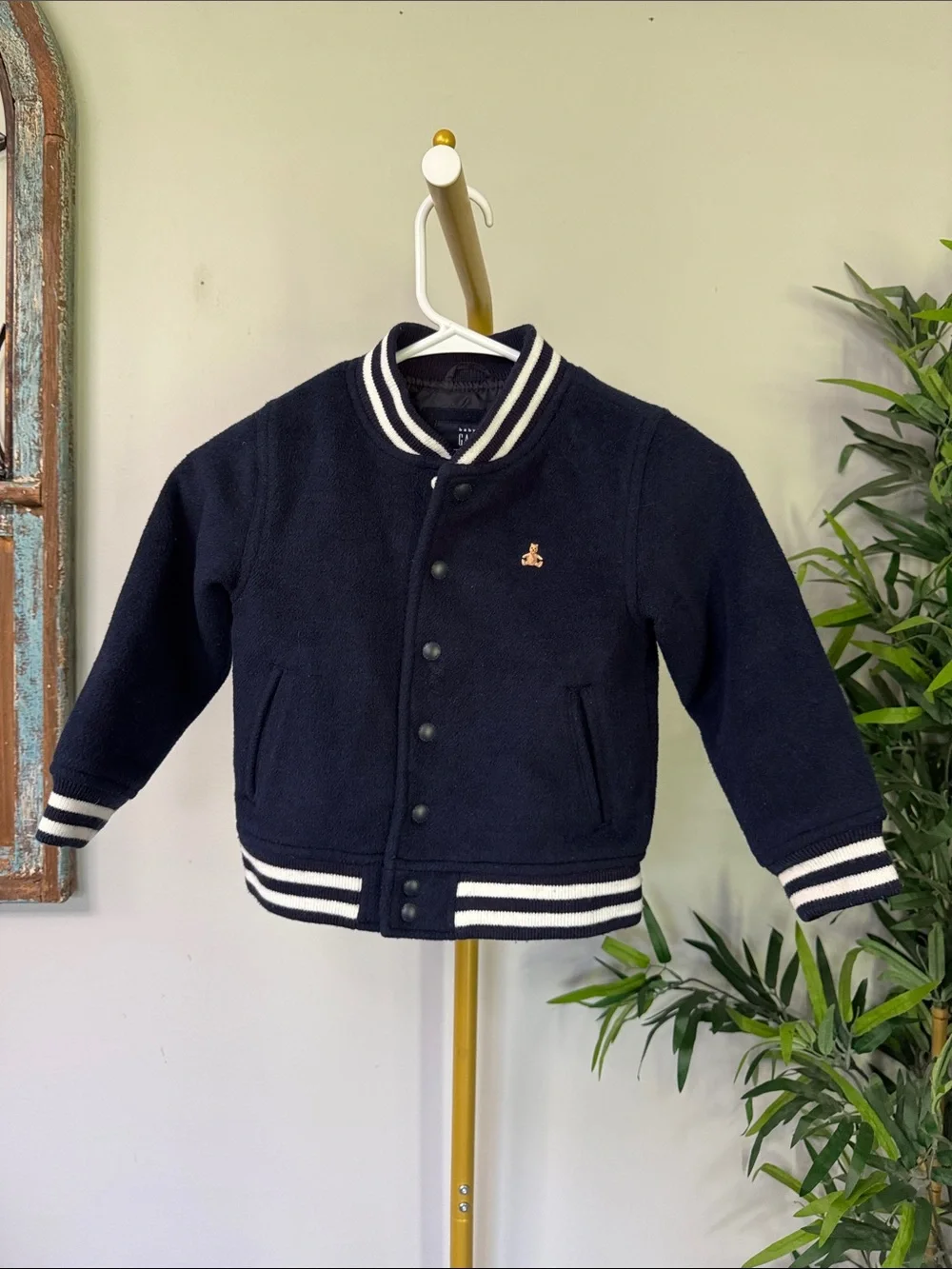 GAP Navy Kids Fleece Bomber Jacket with White Stripe Trim